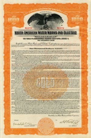 North American Water Works and Electric Corporation - $1,000 Utility Bond