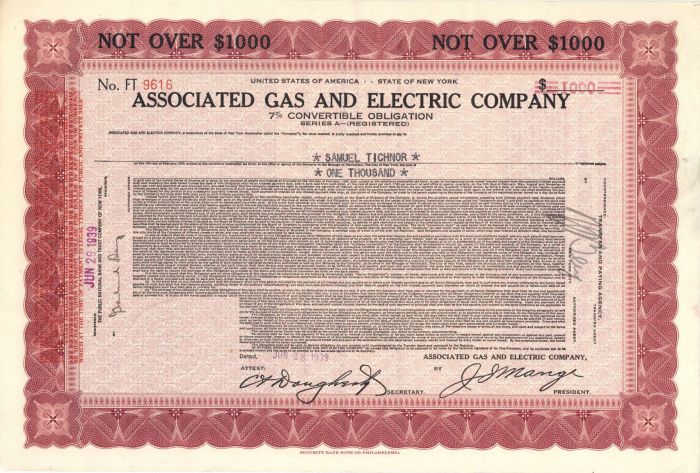 Associated Gas and Electric Co. - $1,000 Bond