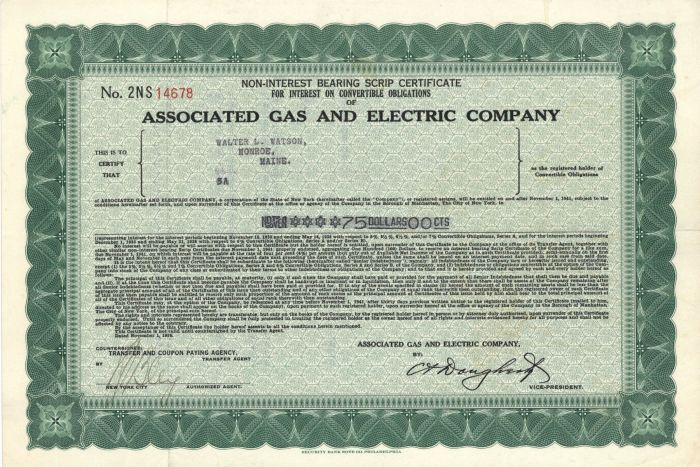 Associated Gas and Electric Co. - 1936 dated $75 Bond