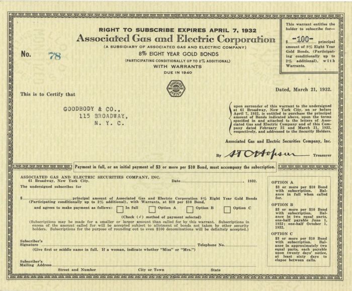 Associated Gas and Electric Corporation - 1932 dated $100 Bond Warrant
