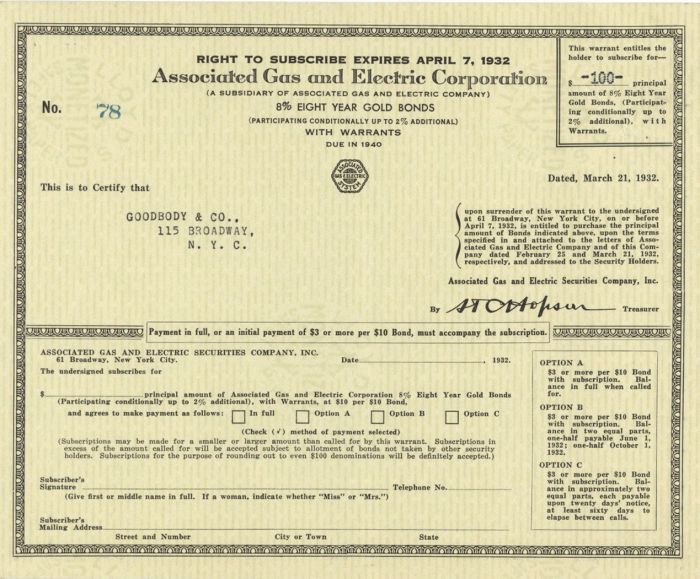 Associated Gas and Electric Corporation - $100 Bond