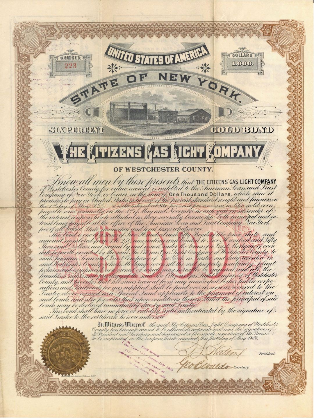Citizens Gas Light Co. of Westchester County - $1,000 Utility Bond
