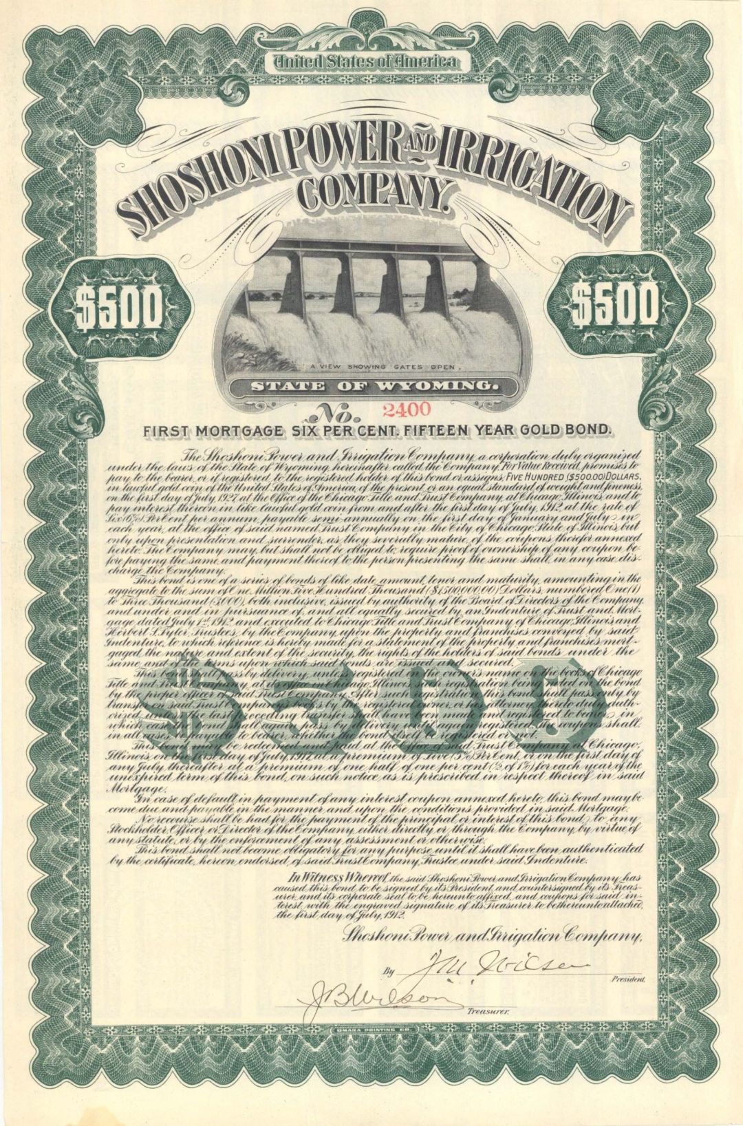 Shoshoni Power and Irrigation Co. - 1912 dated $500 Bond