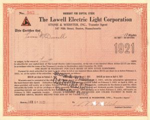 Lowell Electric Light Corporation - Warrant for Capitol Stock - Stone & Webster Inc. Transfer Agent