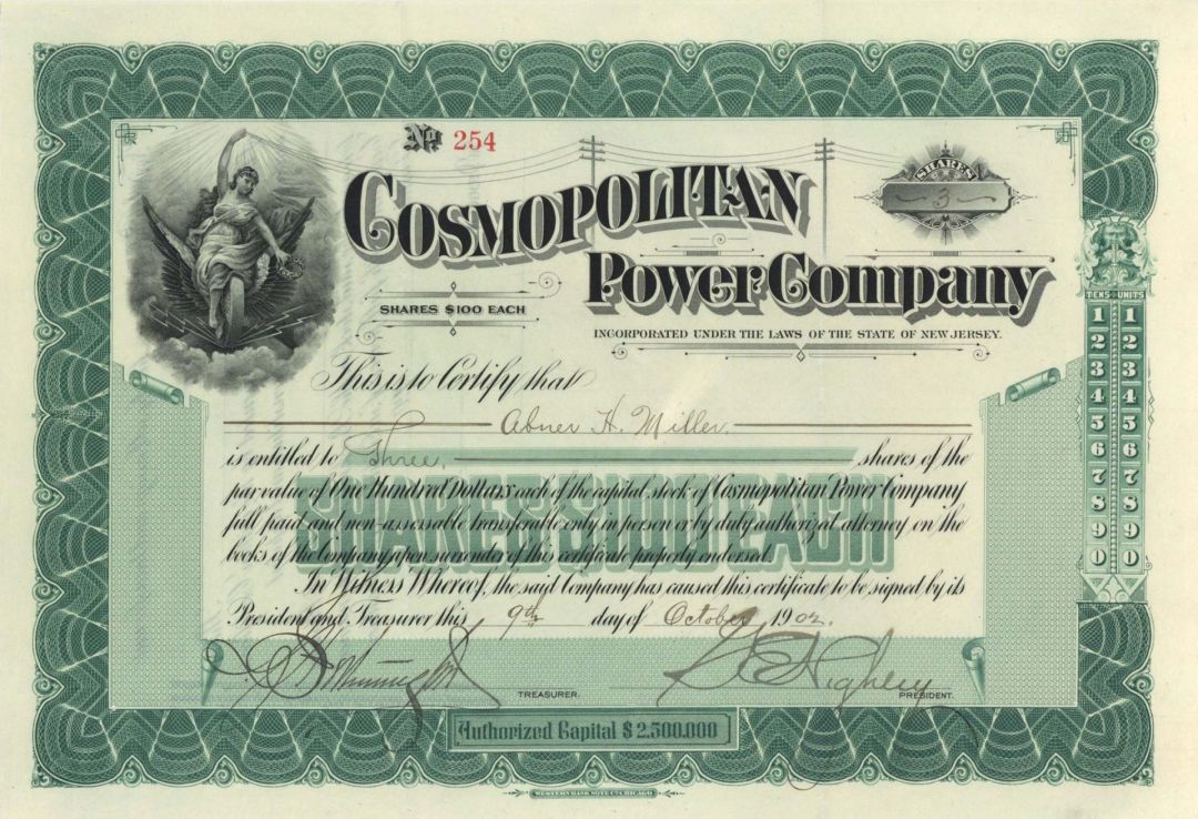 Cosmopolitan Power Co. - 1902 dated Stock Certificate