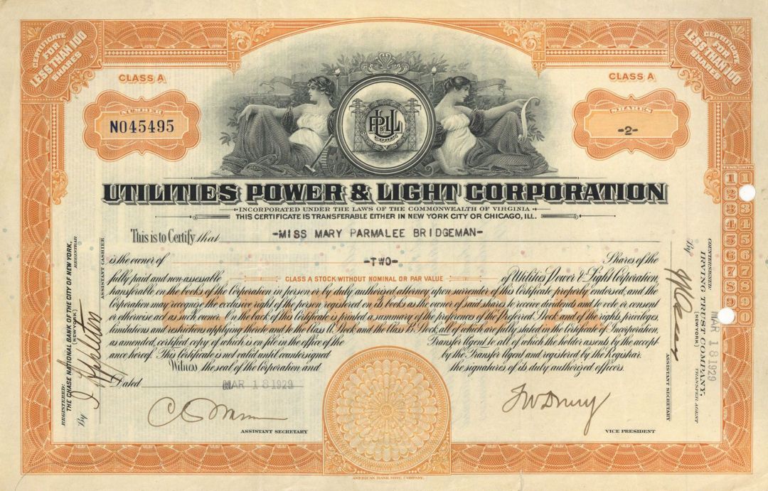 Utilities Power and Light Corp. - Stock Certificate