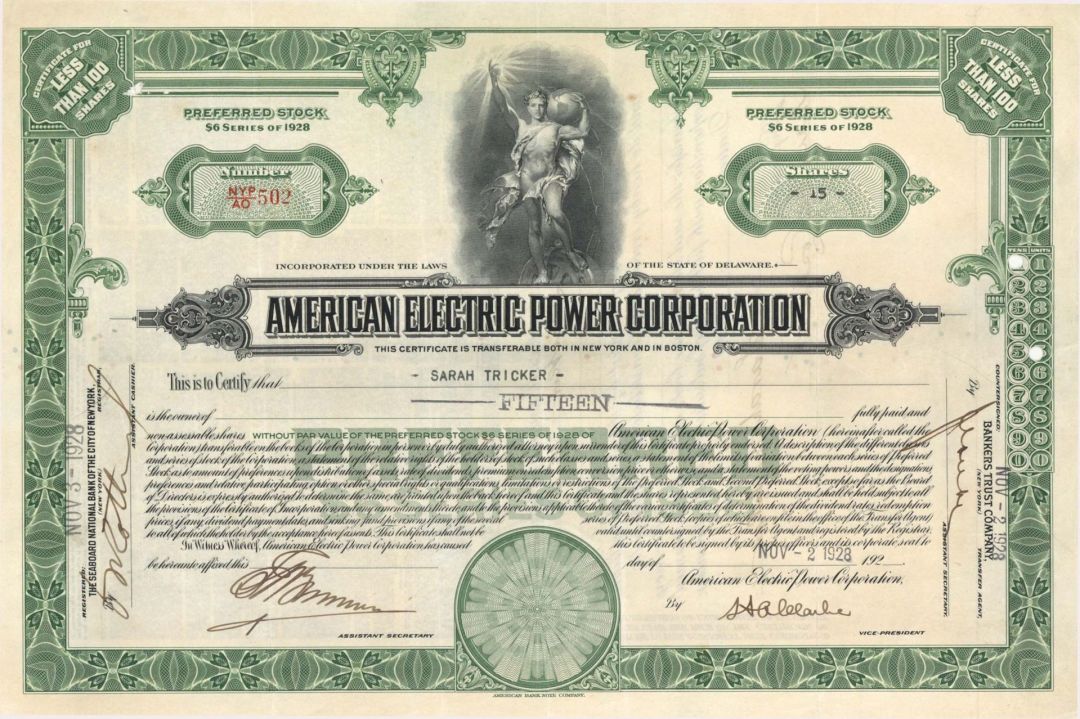 American Electric Power Corp. - 1928 dated Stock Certificate