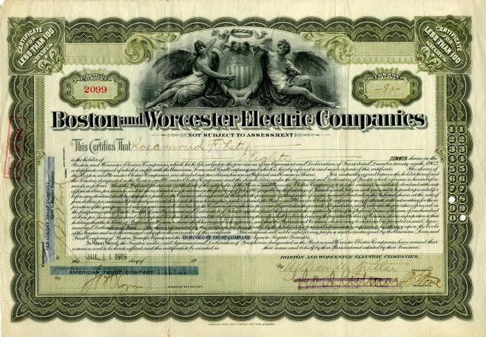 Boston and Worcester Electric Companies - Stock Certificate