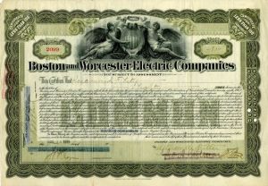 Boston and Worcester Electric Companies - Stock Certificate