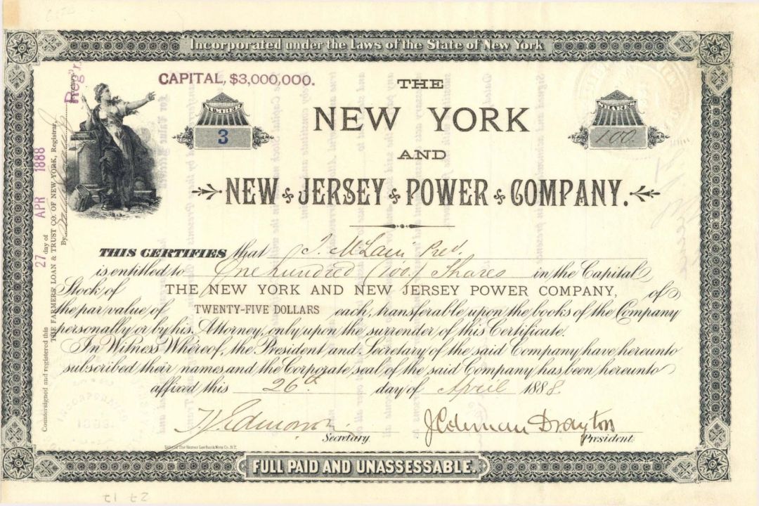 New York and New Jersey Power Co. - 1888 dated Stock Certificate