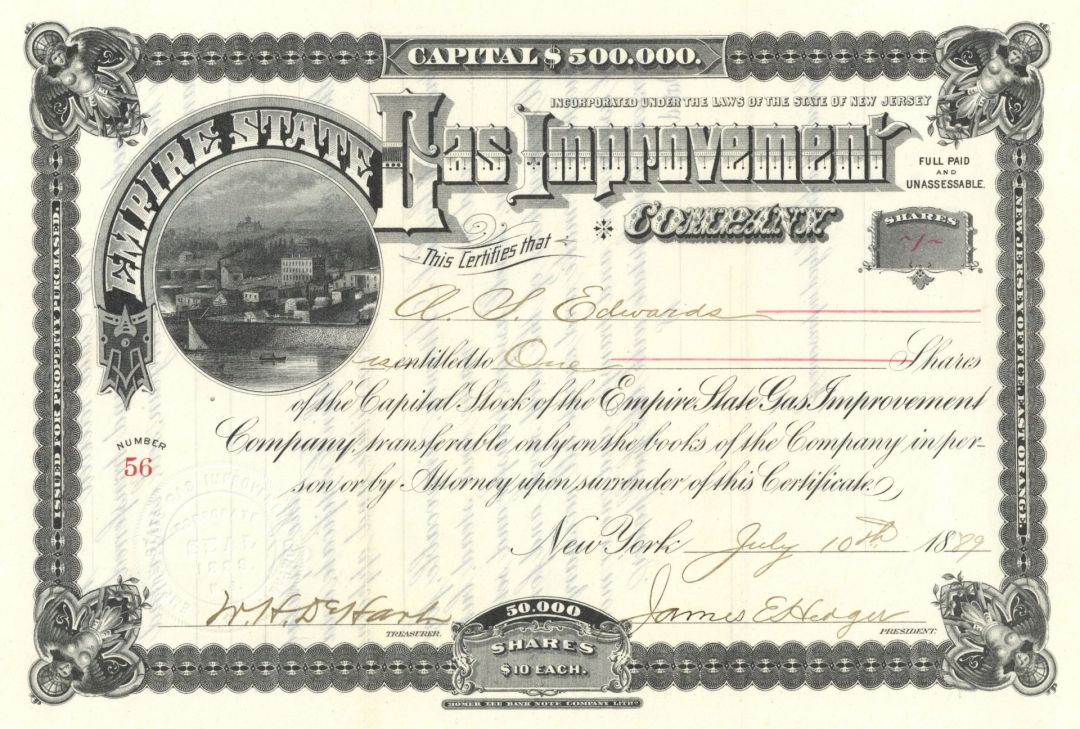 Empire State Gas Improvement Co. - Gorgeous Graphics - 1889 dated New Jersey Utility Stock Certificate