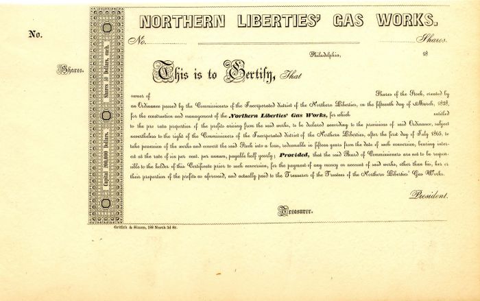 Northern Liberties' Gas Works - circa 1840's Utility Stock Certificate