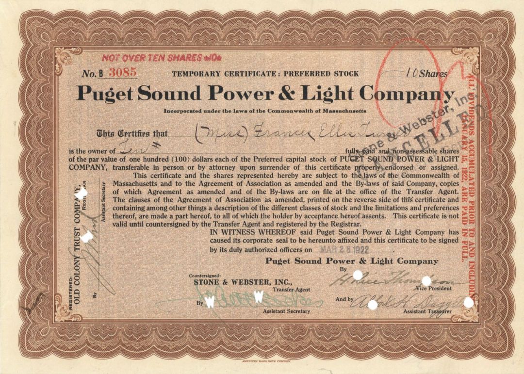 Puget Sound Power & Light Company - Utilities Preferred Stock Certificate