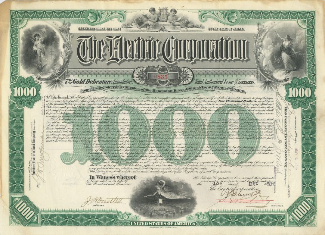 Electric Corporation - 1909 dated $1,000 Gold Bond - Top Left Corner Missing