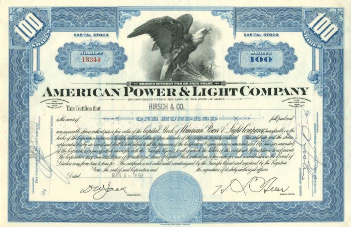 American Power and Light Co. - Stock Certificate