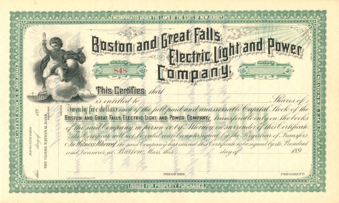 Boston and Great Falls Electric Light and Power Co. - Stock Certificate