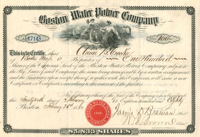 Boston Water Power Co. - Stock Certificate