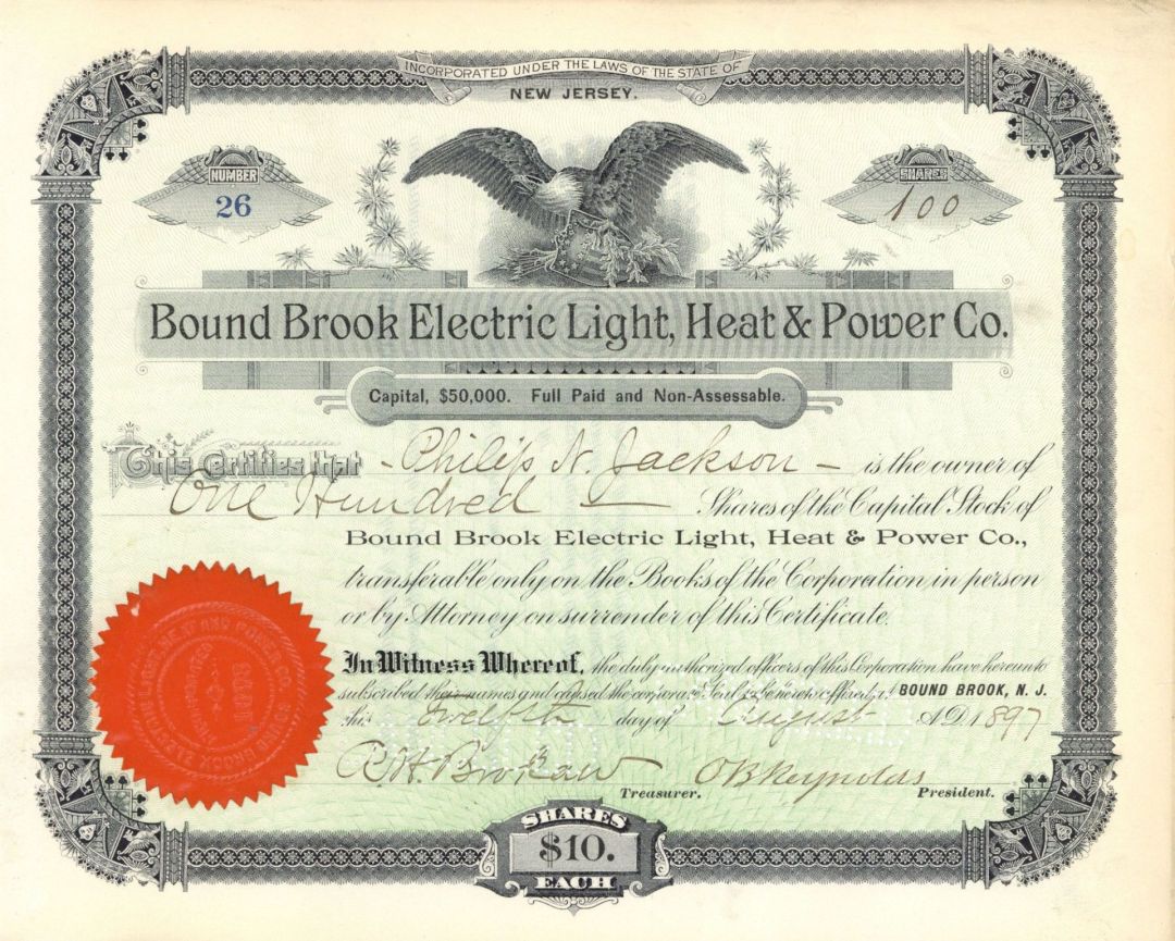 Bound Brook Electric Light, Heat and Power Co. - 1897 or 1898 dated Stock Certificate