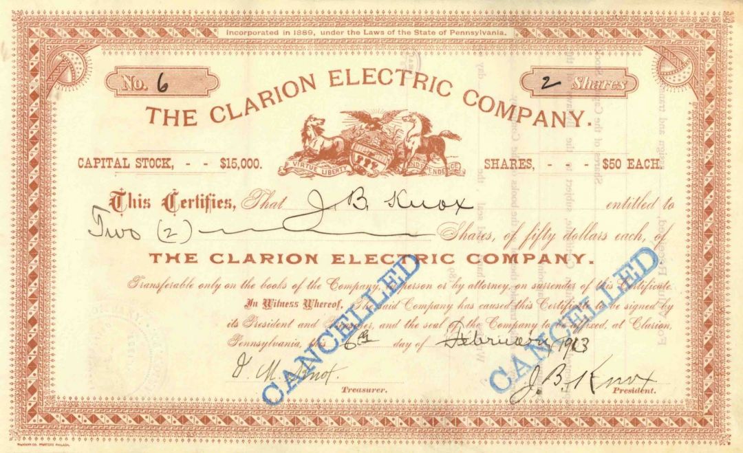 Clarion Electric Co. - Utilty Stock Certificate