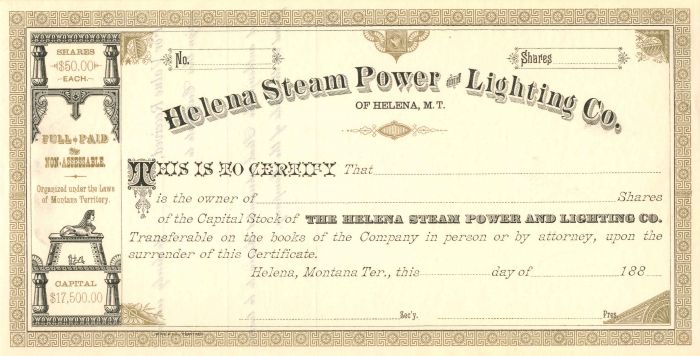 Helena Steam Power and Lighting Co. - Stock Certificate