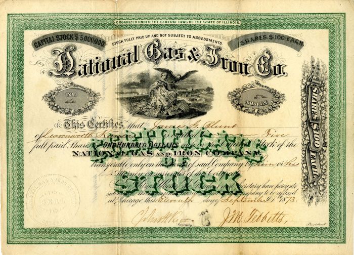National Gas and Iron Co. - Utility Stock Certificate