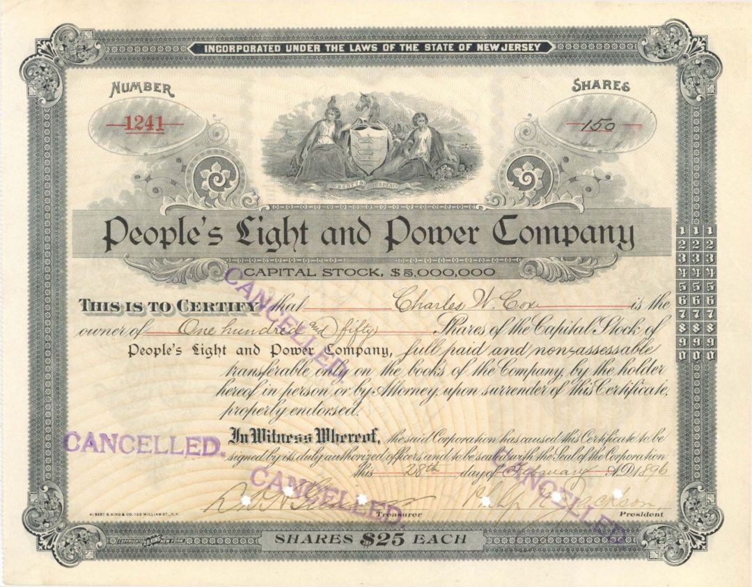 People's Light and Power Co. - 1896 or 1897 dated Stock Certificate