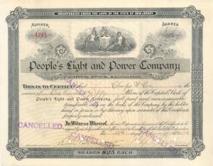 People's Light and Power Co. - 1896 or 1897 dated Stock Certificate