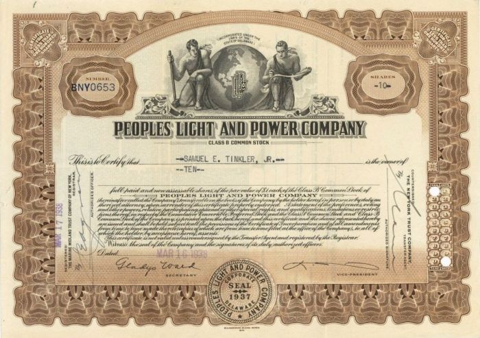 Peoples Light and Power Corporation - Utility Stock Certificate