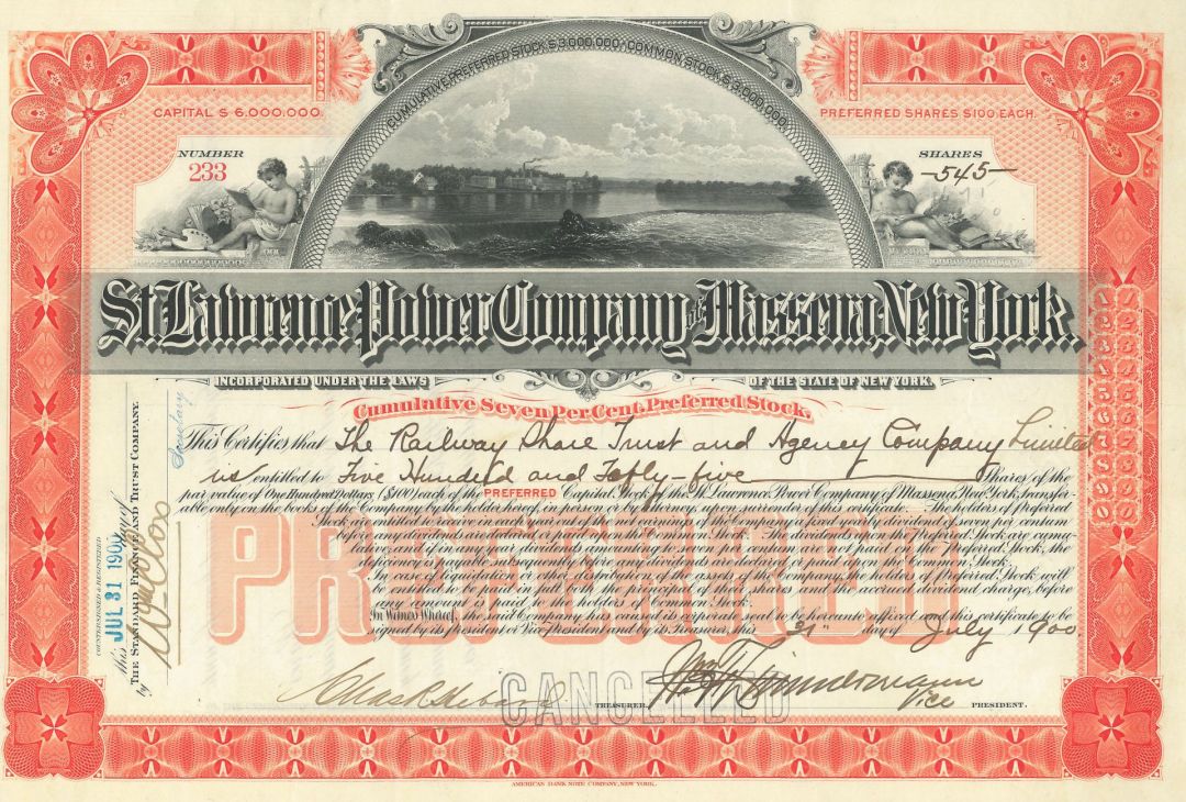 St. Lawrence Power Co. of Massena, New York - 1898-1900 dated Utility Stock Certificate