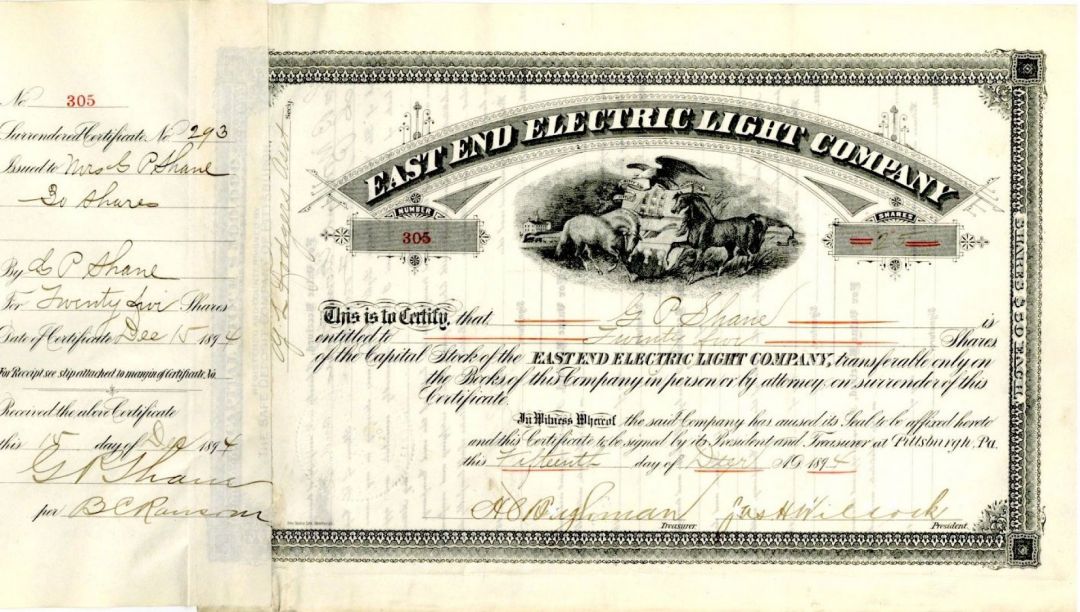East End Electric Light Co. - 1894-1899 dated Stock Certificate