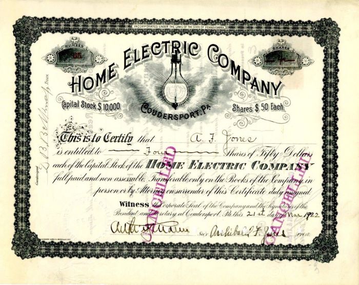 Home Electric Co. - Stock Certificate