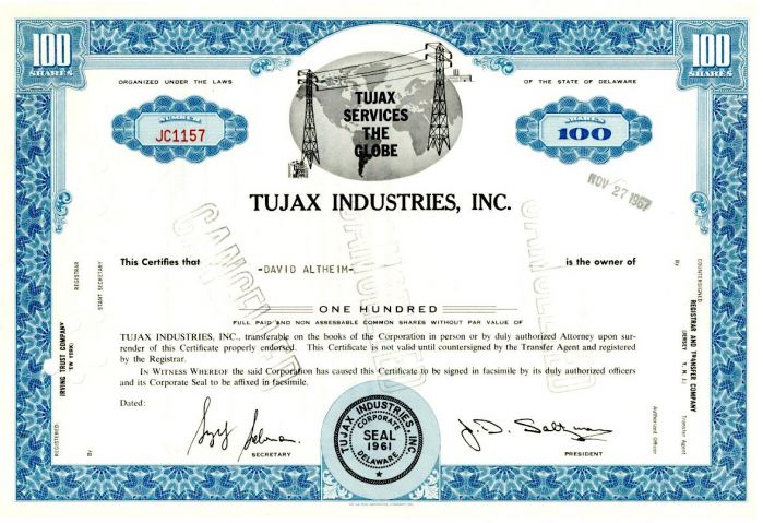 Tujax Industries, Inc. - 1967 dated Stock Certificate