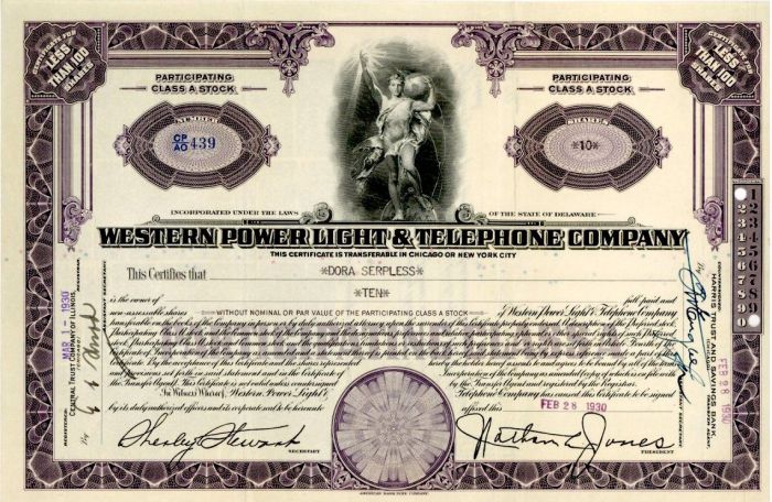 Wester Power Light and Telephone Co. - Stock Certificate