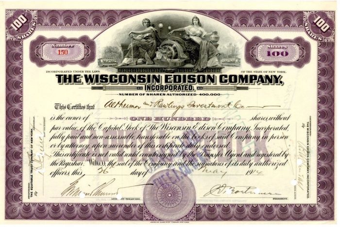 Wisconsin Edison Co., Incorporated - Stock Certificate