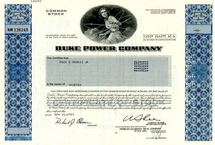 Duke Power Co. - Fully Issued Energy Stock Certificate