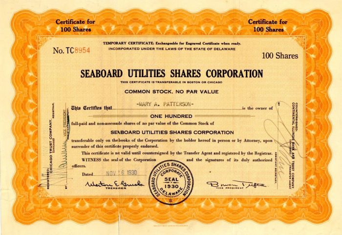 Seaboard Utilities Shares Corporation - Stock Certificate