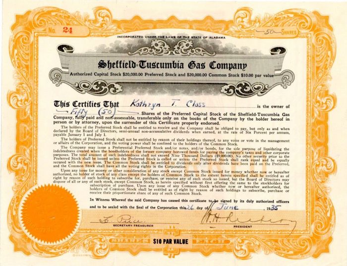 Sheffield=Tuscumbia Gas Co. - Stock Certificate