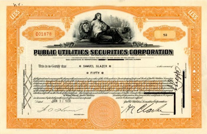 Public Utilities Securities Corporation - Utility Stock Certificate