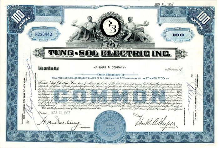 Tung-Sol Electric Inc. - Stock Certificate