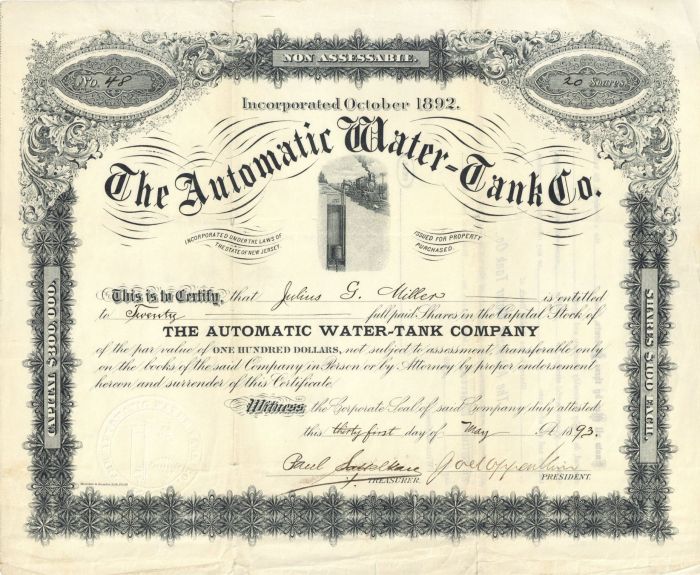 Automatic Water-Tank Co. - Stock Certificate