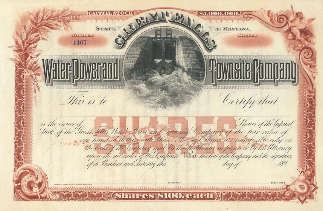 Great Falls Water Power & Townsite Co. - 1890's circa Gorgeous Montana Utility Unissued Stock Certificate