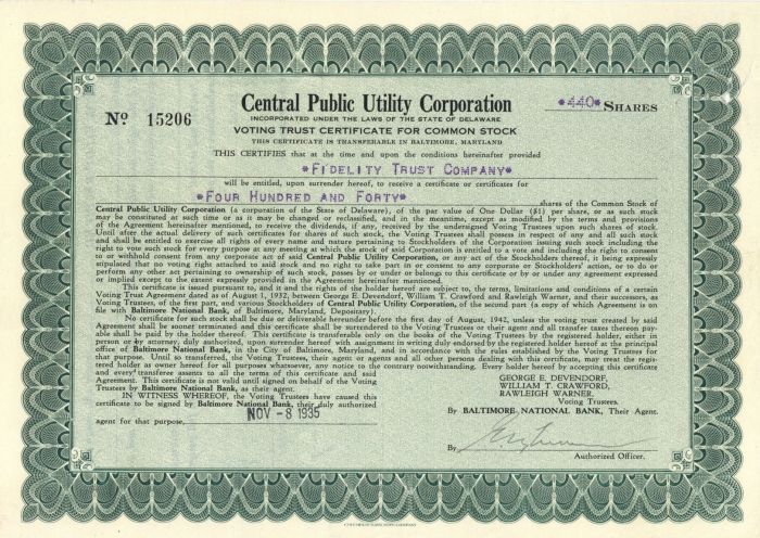 Central Public Utility Corporation - Stock Certificate