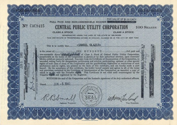 Central Public Utility Corporation - Stock Certificate