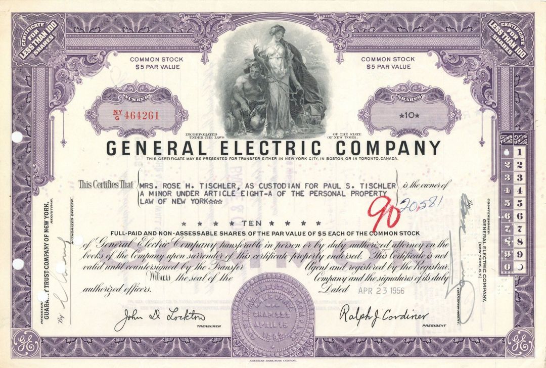 General Electric Co. - Rare Type Utility Stock Certificate