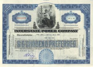 Interstate Power Co. - 1929 dated Utility Stock Certificate