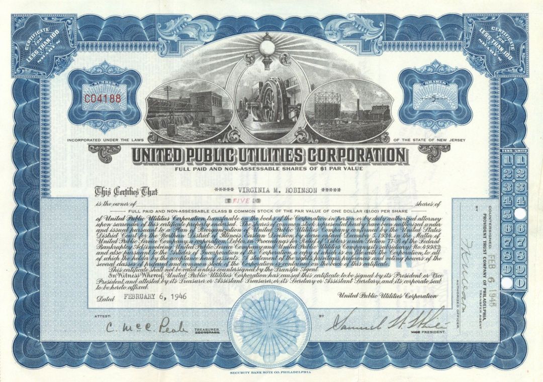 United Public Utilities Corp. - 1946 dated Stock Certificate