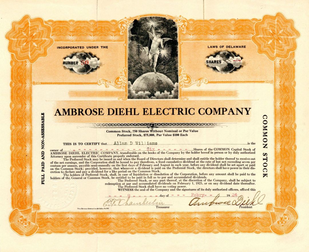 Ambrose Diehl Electric Co.  - 1924 dated Stock Certificate