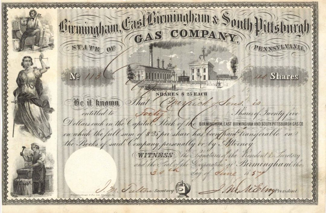 Birmingham, East Birmingham and South Pittsburgh Gas Co.  - 1857 dated Stock Certificate