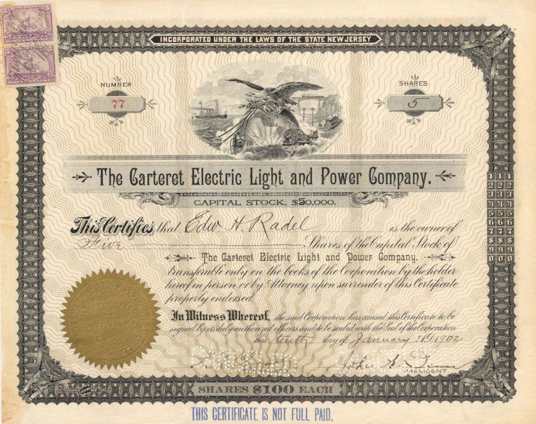 Carteret Electric Light and Power Co.  - 1902 dated Stock Certificate