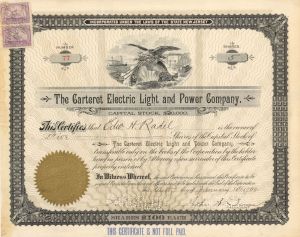 Carteret Electric Light and Power Co.  - 1902 dated Stock Certificate